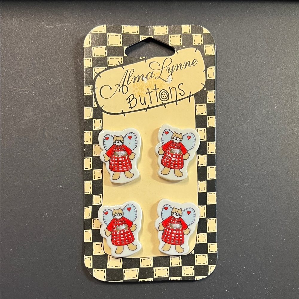 Vintage 1997 Alma Lynne Angel Cat Ceramic Buttons- Attached to card